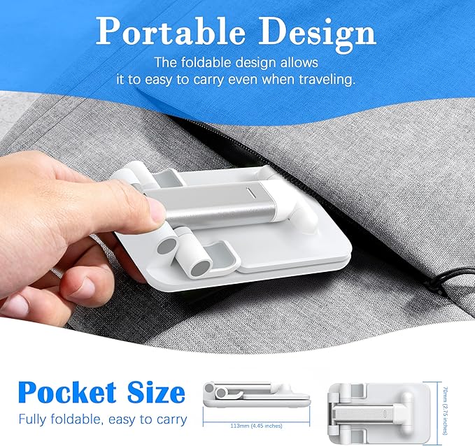 Cell Phone Stand, Adjustable Angle and Height Cell Phone Holder for Desk, Foldable and Portable, Anti-Slip Silicone Pad, Compatible with All Mobile Phones and 4-8 Inch Devices (White&White)
