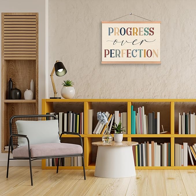 ROXMART Boho Mental Health Poster Hanger Frame, Motivational Wall Decor, Progress Over Perfection Positive Affirmation Wall Art Prints Decor for Therapy Office Classroom, 12x16 Inch