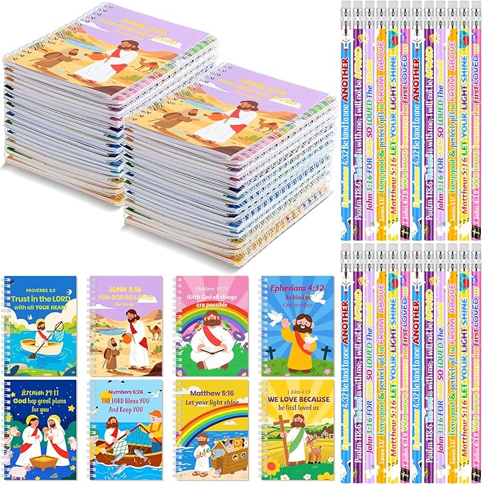 Crtiin Easter 48 Pcs Include 24 Bible Verse Notepad 24 Pencils Kids Christian Church Gifts Students Classroom Award Religious Notebook Bible Pencils Prayer Pocket School(Colorful Cross 2,Eclectic)