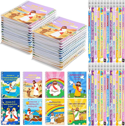 Crtiin Easter 48 Pcs Include 24 Bible Verse Notepad 24 Pencils Kids Christian Church Gifts Students Classroom Award Religious Notebook Bible Pencils Prayer Pocket School(Colorful Cross 2,Eclectic)