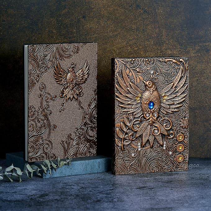 Vintage 3D Phoenix Embossed Leather Writing Journal with Golden Pen Set,A5,200Pages,Antique Handmade Daily Notepad Sketchbook,Travel Diary&Notebook to Write in,for Women Men (Red Bronze)