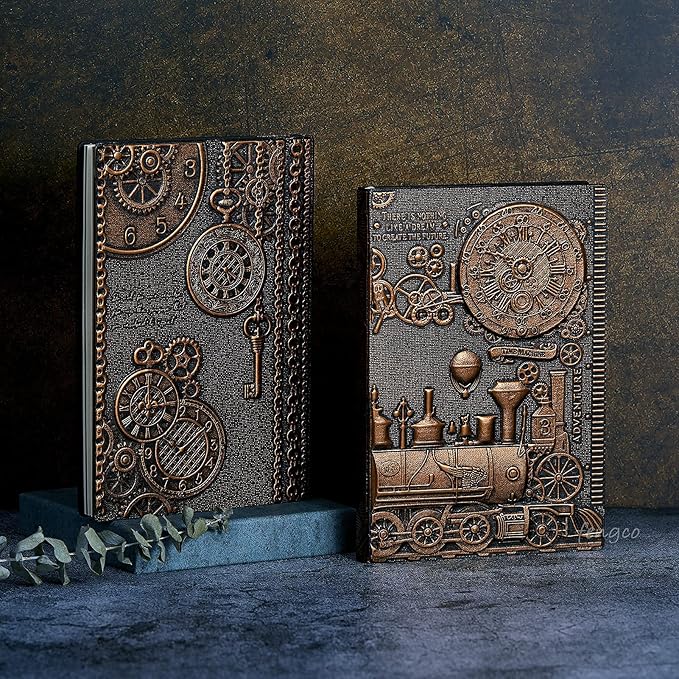 Vintage 3D Embossed Leather Writing Journal with Diamond Pen Set,A5,200Pages,Antique Handmade Daily Notepad Sketchbook,Travel Diary&Notebook to Write in,for Women Men (Train-(RedBronze))