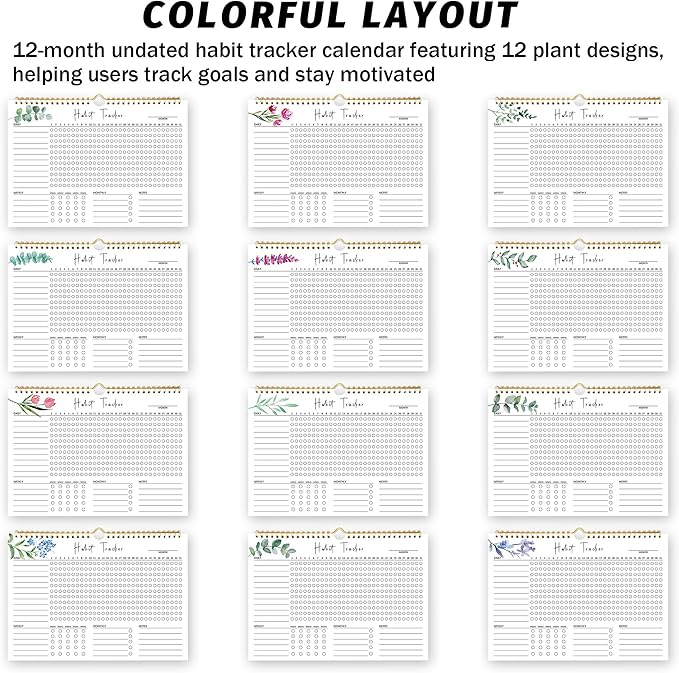Habit Tracker Calendar, Aesthetic Daily Weekly Goal and Habit Tracker Journal, 12 Months Undated Habits Tracker Planner with Spiral Binding, Boost Productivity Tool and Workout Calendar, 11.7"x8.5"