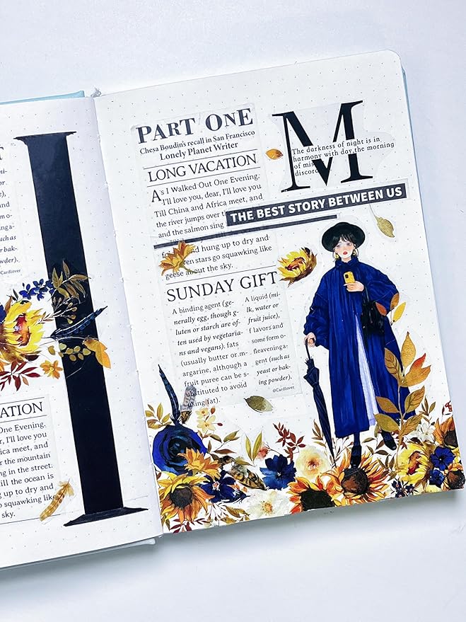 WT PET Tape, Floral Sunflower & Navy Design, Wide Decorative Craft Tape, Single Roll, Clear Transparent Tape for Bujo Planner & DIY Scrapbooking Supplies