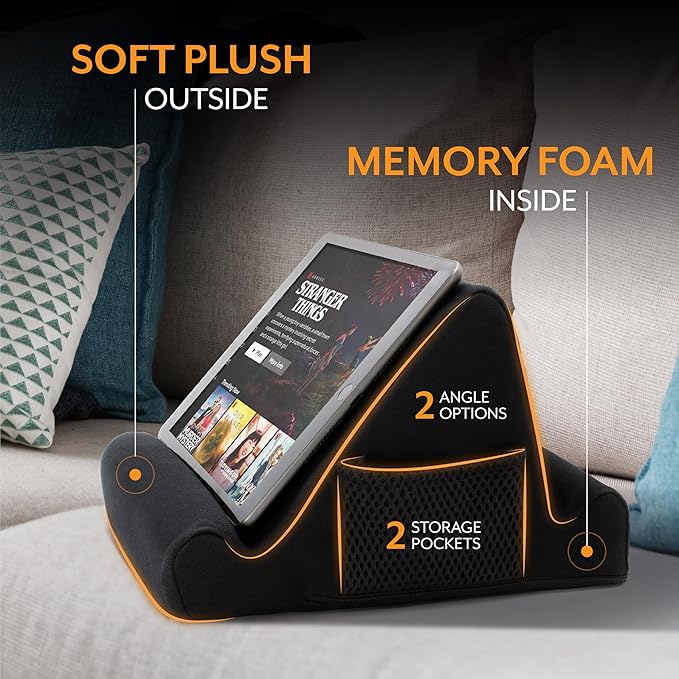 Brookstone Tablet Lap Cushion - Tablet and Phone Holder for Bed, Flights, and Travel, Two Angled Memory Foam Lap Desk for Reading and Hands Free Viewing, Compatible iPad and Kindle Accessories, Black