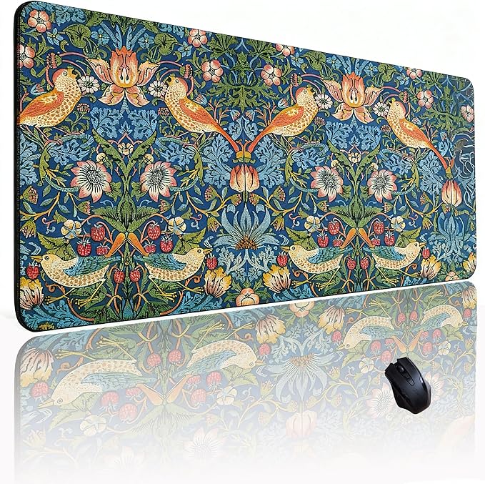 William Morris Mouse Pad, Large The Strawberry Thief Desk Mat with Famous Flower-and-Bird Art, Micro-Woven Fabric and Sewn Edge, for Office and Laptop Use, 31.5 x 11.8 Inches
