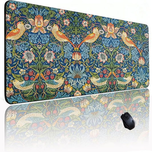 William Morris Mouse Pad, Large The Strawberry Thief Desk Mat with Famous Flower-and-Bird Art, Micro-Woven Fabric and Sewn Edge, for Office and Laptop Use, 31.5 x 11.8 Inches
