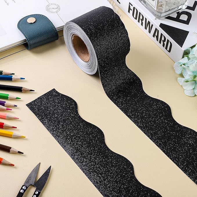 131 Ft Black Glitter Bulletin Board Borders Black Scalloped Bulletin Board Trims Shiny Decorative Border Trims Sparkle Self-Adhesive Border Stickers for Classroom School Home Office Blackboard Desk