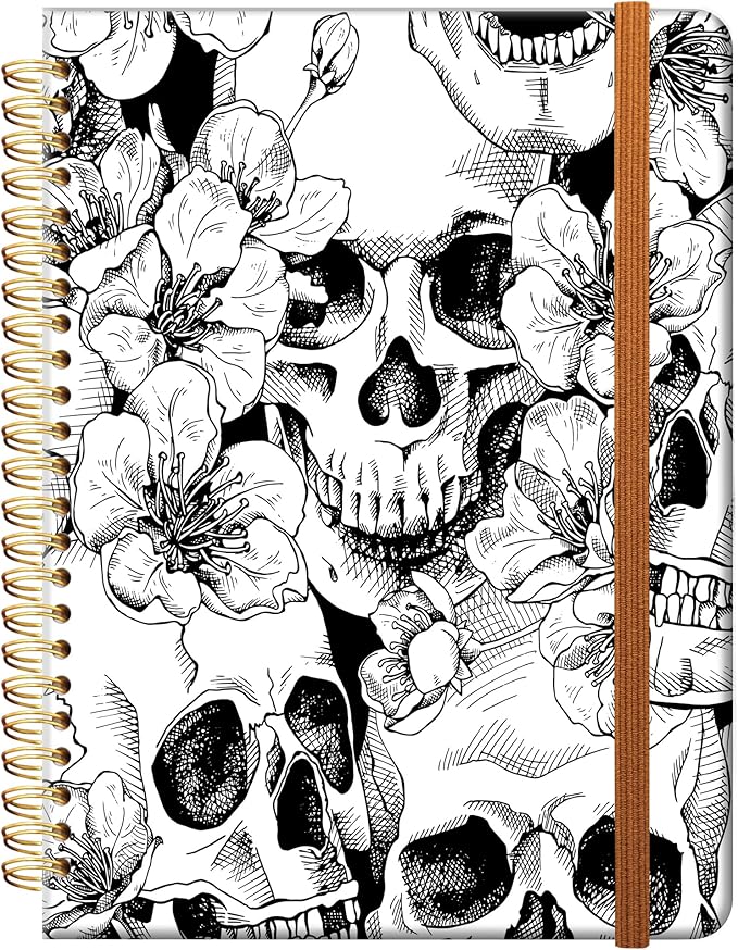 Ruled Spiral Writing Notebook,A5 Hardcover Lined College Journal for Women Lady,Fashion Puppy Watercolor Strong Twin-Wire Binding with Premium Paper,8.4" X 6",Perfect for School,Office,Home Gifts(Cool Skull Flower)