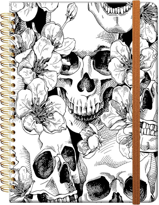 Ruled Spiral Writing Notebook,A5 Hardcover Lined College Journal for Women Lady,Fashion Puppy Watercolor Strong Twin-Wire Binding with Premium Paper,8.4" X 6",Perfect for School,Office,Home Gifts(Cool Skull Flower)