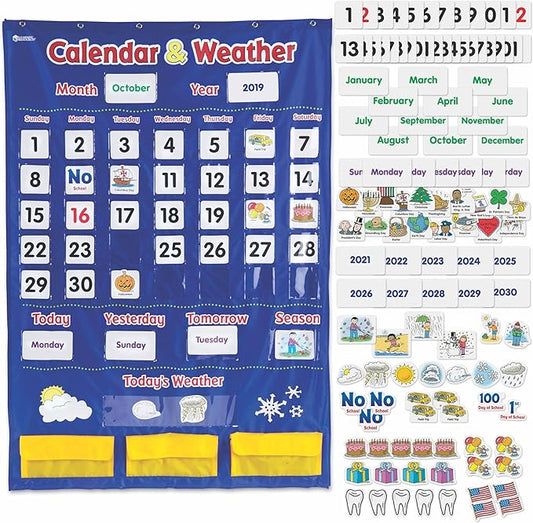 Learning Resources Calendar & Weather Pocket Chart - Classroom Must Haves, Teacher Supplies, Back To School, Daily Routine For Kids, Kindergarten and Homeschool Essentials, Vocabulary Flash Cards