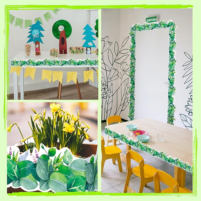 ERKE 60 Feet Bulletin Board Borders, Scalloped Rolled Border Trim with Floral and Leaves Patterns for School, Classroom & Offices