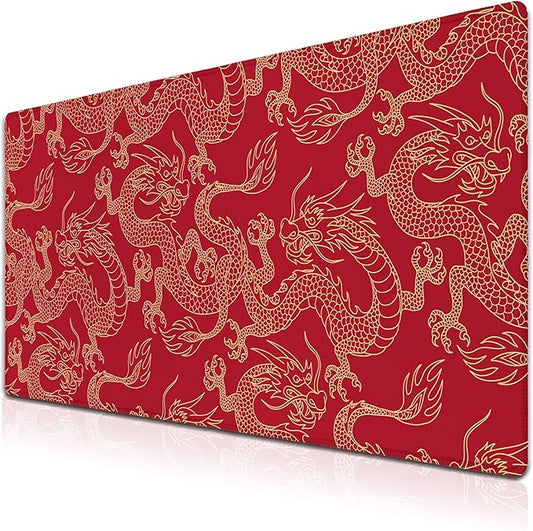 Keyboard Pad Red, Gaming Mousepad Desk Pad Big Mouse Pads Desk Decor for Men, 900X400 Mouse Pad Waterproof Non-Slip Rubber Base, 35.4 X 15.7 inch for Work/Game/Office/Home Chinese Dragon