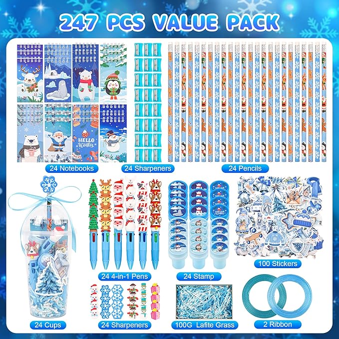 LiYiQ 247 Pcs Winter Party Favors Return Gifts for Party, Student Stationery Gifts from Teacher, Pencil Erasers Notebooks Stickers for Classroom Birthday Goodie Bags Rewards Prizes
