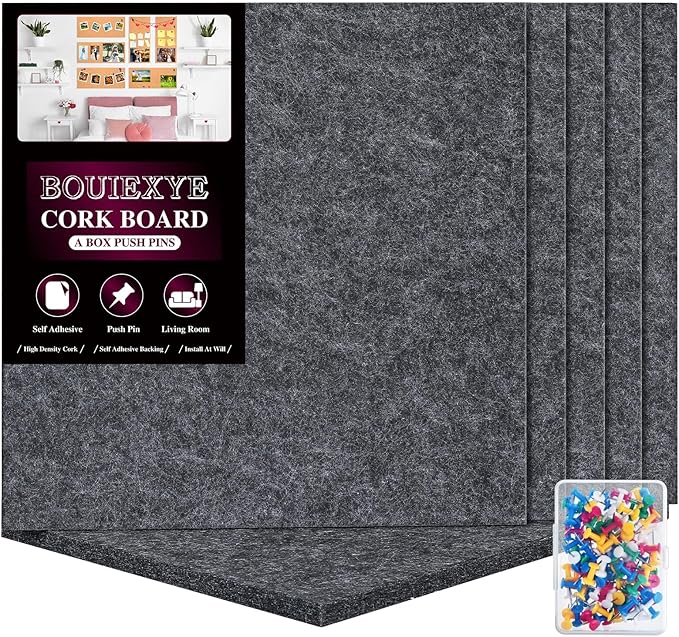 Felt Cork Board Tiles 6 Pack Grey Bulletin Boards 12"x12" - 1/2" Thick Corkboards for Wall Bulletin Board Self Adhesive with 100 Push Pins for Wall School Home Office