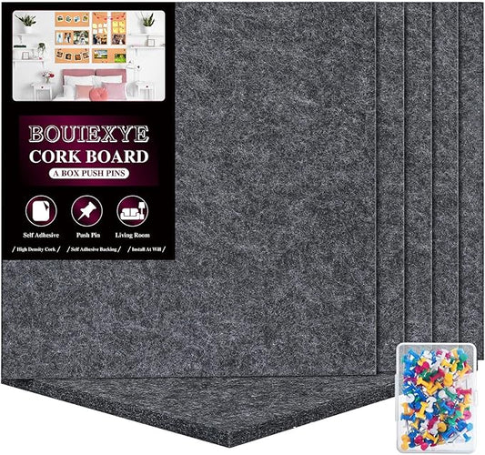 Felt Cork Board Tiles 6 Pack Grey Bulletin Boards 12"x12" - 1/2" Thick Corkboards for Wall Bulletin Board Self Adhesive with 100 Push Pins for Wall School Home Office