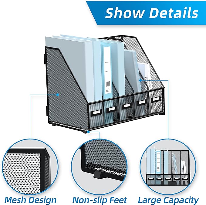 SUPEASY Desk Organizers Metal Desk Magazine File Holder with 5 Vertical Compartments Rack File Organizer for Office Desktop, Home Workspace, Black