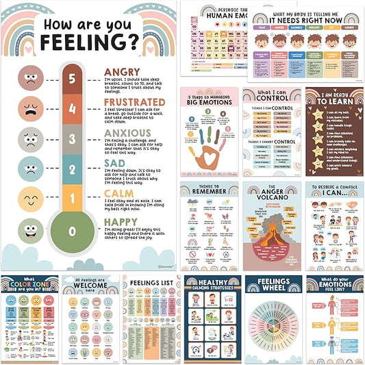 Decorably 15 Social Emotions Poster for Classroom, 11x17in Educational, Matte-Laminated Chart for Kids - School Hallways, Bulletin Boards, Home Study Room