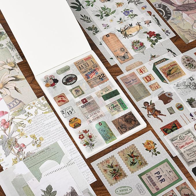 Vintage Washi Stickers for Scrapbooking, Aesthetic Sticker Book for Journaling with 30 Sheets Scrapbook Stickers and 20 Sheets Scrapbook Papers for Bullet Junk Journals Set for Adults with Tweezers