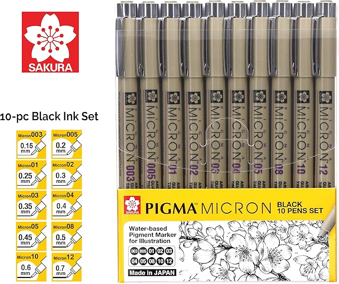 Sakura Pigma Micron fineliner pen 10 piece black ink colour drawing set