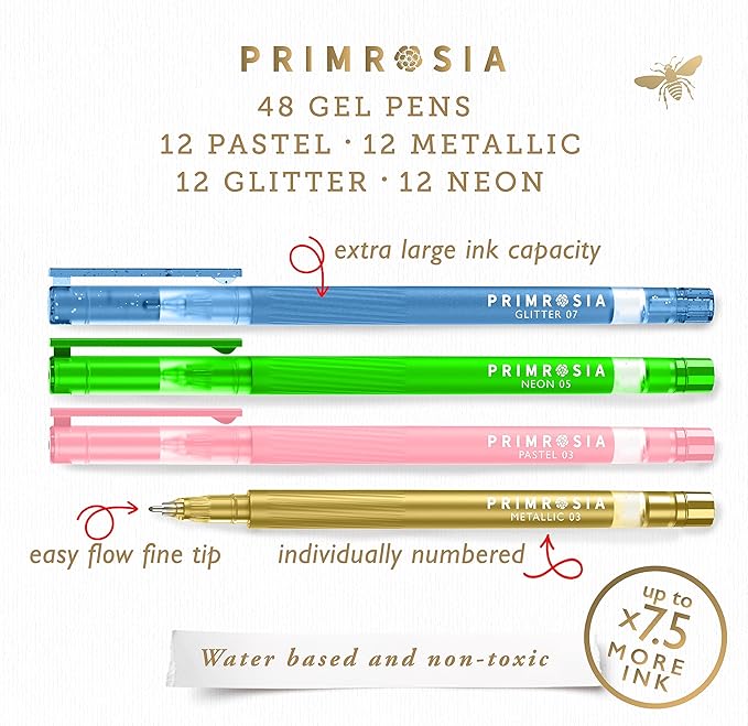 Primrosia 48 Gel Pens, inc. Metallic, Pastel, Glitter & Flourescent for Adult Coloring Book & Bullet Journal Pens. No-Bleed-Through in a Variety of Shades, 7.5x More Ink Fine Point Markers Set