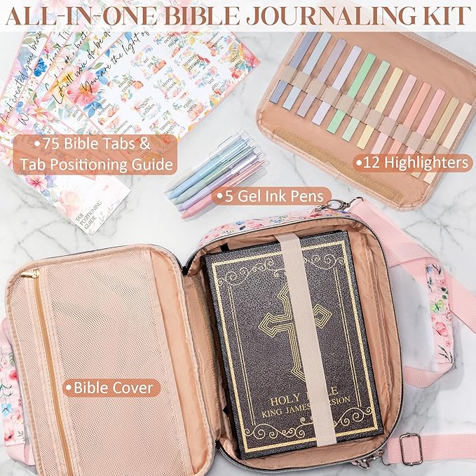 Bible Cover Case for Women, Large Bible Bag w/Shoulder Strap, Bible Study Supplies Journaling Kit Book Carrying Case with Pastel Highlighters 75 Tabs, Valentines Day Christian Gifts for Women Her Mom