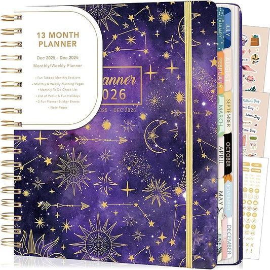 CAGIE 2026 Planner Weekly and Monthly Dec 2025-Dec 2026 Hard cover Calendar Planners with Stickers 26 Planner for Women with Tabs Spiral Bound Yearly Agenda, Purple, 8.3"x9.1"