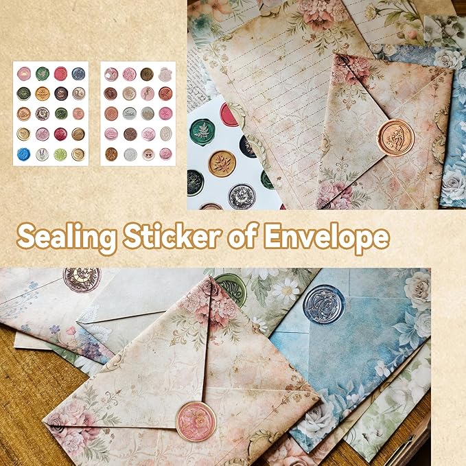 60 Vintage Floral Stationery Set - 30 Lined Writing Paper 30 Matching Envelopes 40 Self-Adhesive Seals Stickers - Bleed-Resistant Paper for Camp Letters Birthday Notes (Vintage)