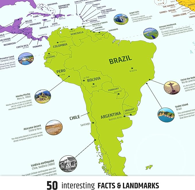 Large World Map for Wall - Poster with Flags & Capitals - Educational World Map for Kids & Adults - Colorful Global Maps with 50 Interesting Facts - Classroom & Homeschool Decor