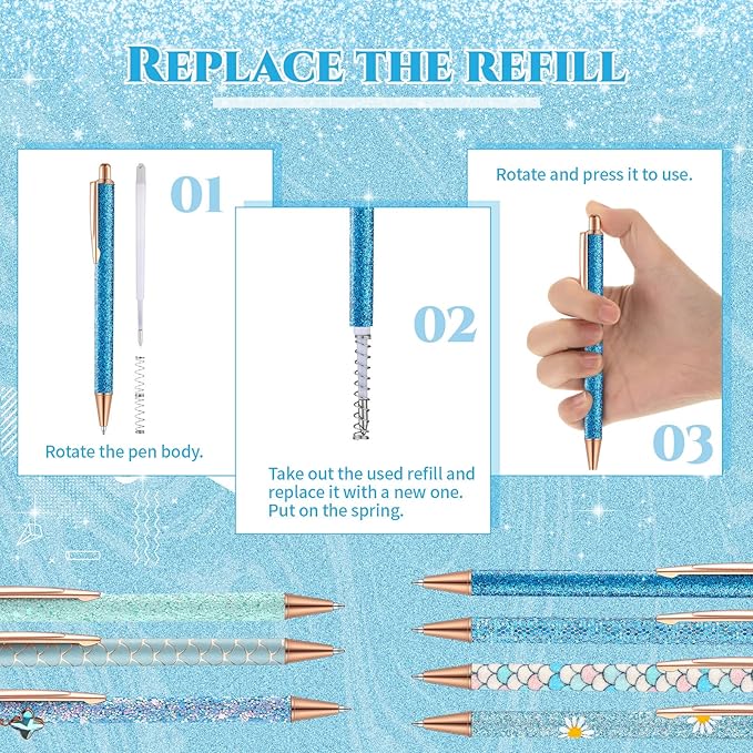 Sherr 7 Pcs Fancy Pens for Women Cute Sparkly Glitter Pens with 10 Pcs Black Ink Refills Pretty Gifts for Girls Office School Christmas Graduation(Plain)