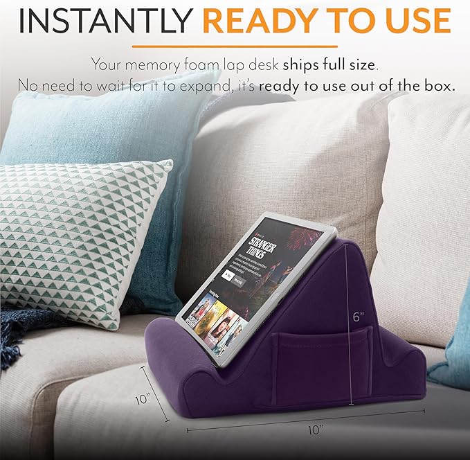 Brookstone Tablet Lap Cushion - Tablet and Phone Holder for Bed, Flights, and Travel, Two Angled Memory Foam Lap Desk for Reading and Hands Free Viewing, Compatible iPad and Kindle Accessories, Purple