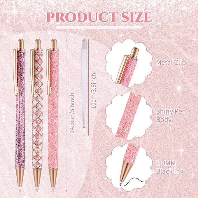 Sherr 7 Pcs Fancy Pens for Women Cute Sparkly Glitter Pens with 10 Pcs Black Ink Refills Pretty Gifts for Girls Office School Christmas Graduation(Cute)