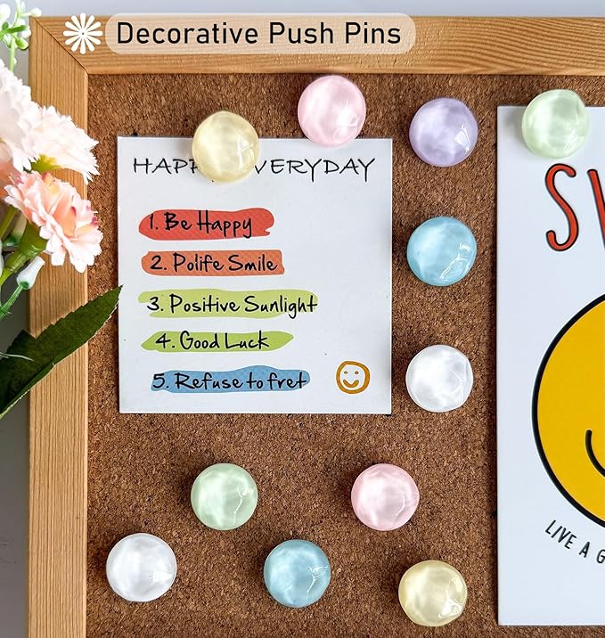 24Pcs Decorative Push Pins,Thumb Tacks,Bulletin Board Tacks,Cork Board Tacks,Thumb Tack Decorative for CorkBoard, Office Organization or Home,Classroom Decor (Circular)