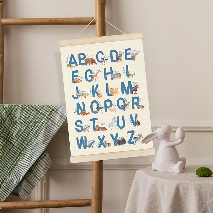 Koesus Animal Alphabet Learning Wall Art Poster Hanger Frame 12x16 Inch, ABC Alphabet Educational Canvas Pictures Prints Framed Wall Decor for Toddler Kids Room Nursery Preschool Classroom Playroom