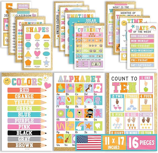 Hadley Designs 16 Educational Posters for Classroom Decor - Gold Educational Posters for Toddlers 1-3, Toddler Learning Poster for Kids Ages 3-5, Kindergarten & Preschool Classroom Must Haves