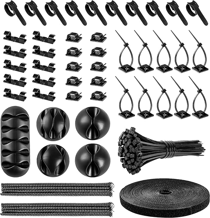 Cable Management Organizer Kit 2 Cable Sleeve Split with 41Self Adhesive Cable Clips Holder, 10pcs and 2 Roll Self Adhesive tie and 100 Fastening Cable Ties for TV Office Home Electronics etc