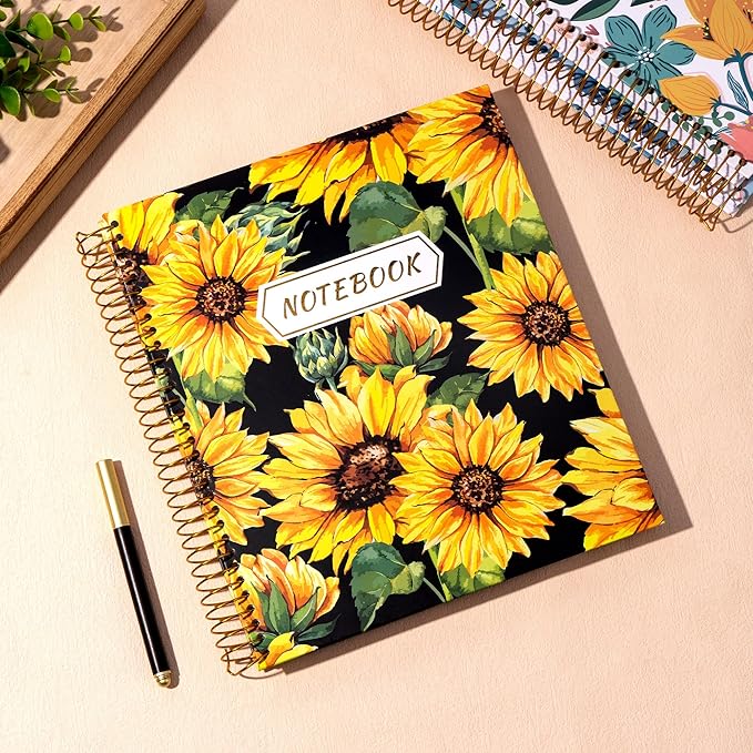 CAGIE Spiral Notebook 8.5 x 11 Aesthetic Hardcover Notebooks College Ruled with Large Pocket Floral Note Book Spiral Bound Journal Notebooks for Work Note Taking Women Writing School, Sunflower