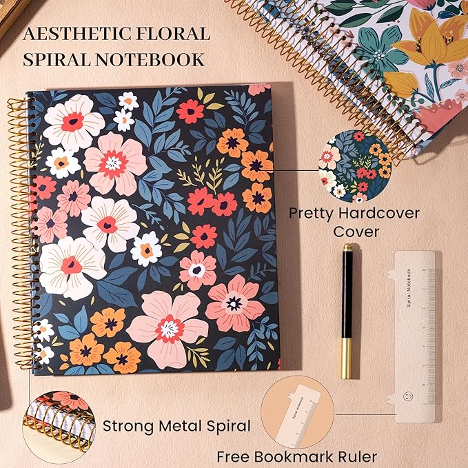 CAGIE Spiral Notebook 8.5 x 11 Hardcover Notebooks College Ruled with Large Pocket Aesthetic Floral Note Book Spiral Bound Journal Notebooks for Work Note Taking Women Writing School, 200 Pages