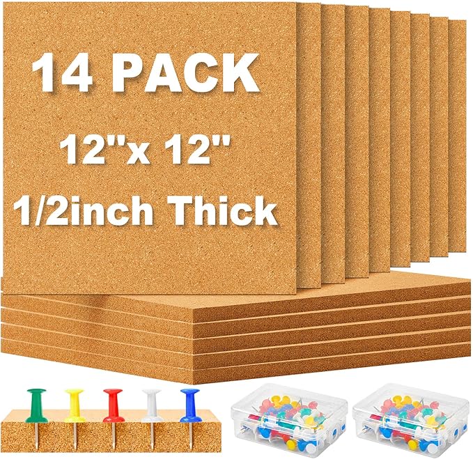 Reginary 19 Cork Board Tiles 12 x 12 in 0.5 in Thick Square Bulletin Boards Cork Tiles Bulk with Push Pins Mini Natural Self Adhesive Backing Corkboards for Wall Home Office Floor DIY(14 Pcs)