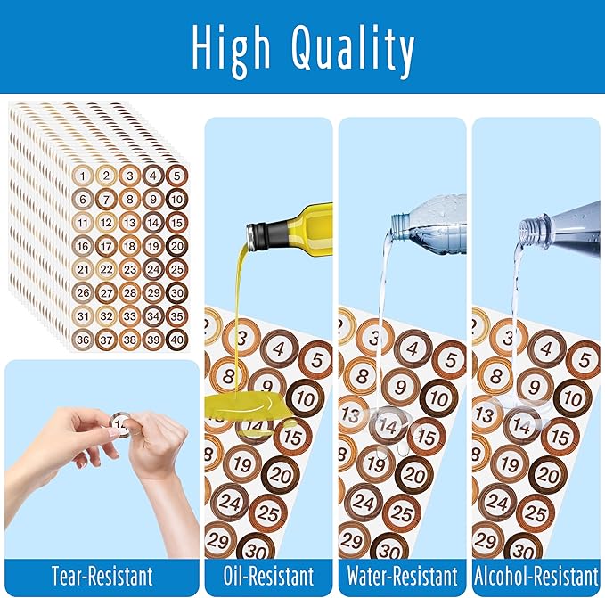 800 PCS 1-40 Number Stickers, Water/Oil/Tear Resistant Rustic Wooden Style Number Labels, Remove Without Residue for Indoor, Outdoor, Office, Classroom, Storage, Organizing, Boxes (1”, 20 Sheets)