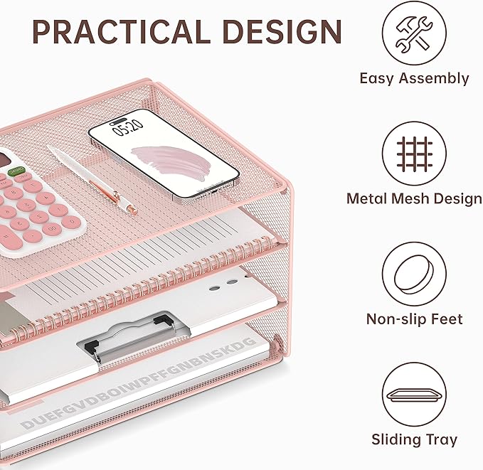DALTACK 3 Tier Letter Tray Paper Organizer Mesh Metal Desk File Organizer for Home & Office, Pink