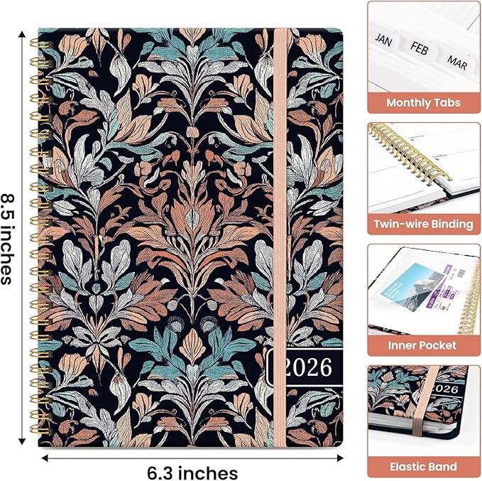 2026 Planner, Weekly and Monthly Calendar Planner for Women, Jan 2026 - Dec 2026, Hardcover Planning Agenda book with Tabs, Spiral Bound, Inner Pocket, Perfect for School Office Supplies, 6.3" x 8.5" - Verdant Leaf