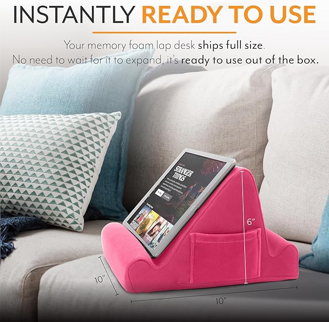 Brookstone Tablet Lap Cushion - Tablet and Phone Holder for Bed, Flights, and Travel, Two Angled Memory Foam Lap Desk for Reading and Hands Free Viewing, Compatible iPad and Kindle Accessories, Pink