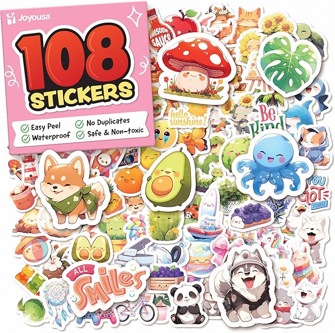 Cute Stickers for Kids - Kawaii Water Bottle Stickers for Teens - 108pc Sticker Pack - Waterproof Vinyl Stickers for Water Bottles, Scrapbook, Laptops - Valentine Stickers for Kids Classroom, Gifts