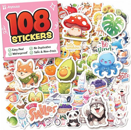 Cute Stickers for Kids - Kawaii Water Bottle Stickers for Teens - 108pc Sticker Pack - Waterproof Vinyl Stickers for Water Bottles, Scrapbook, Laptops - Valentine Stickers for Kids Classroom, Gifts