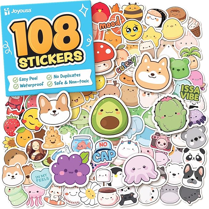Cute Stickers for Kids - Kawaii Water Bottle Stickers for Teens - 108pc Sticker Pack - Waterproof Vinyl Stickers for Water Bottles, Scrapbook, Laptops - Valentine Stickers for Kids Classroom, Gifts