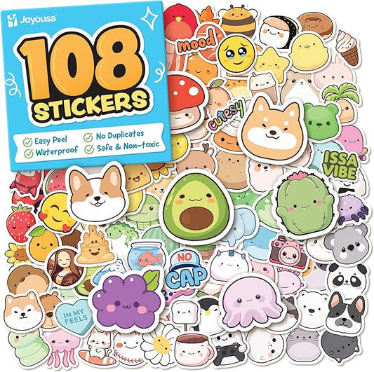 Cute Stickers for Kids - Kawaii Water Bottle Stickers for Teens - 108pc Sticker Pack - Waterproof Vinyl Stickers for Water Bottles, Scrapbook, Laptops - Valentine Stickers for Kids Classroom, Gifts