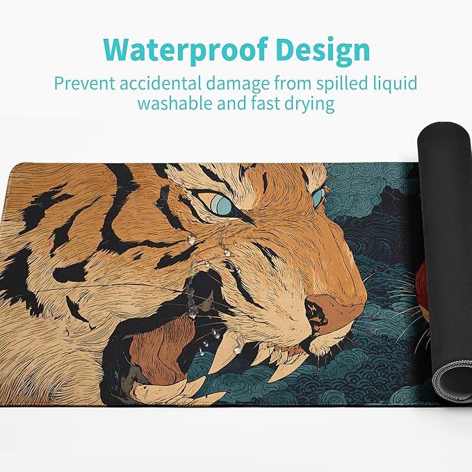 Tiger Gaming Mouse Pad Abstract Yellow Mouse Pad 31.5x11.8 Inch Fierce Claws and Teeth Non-Slip Rubber Base Large Mousepad Stitched Edges Keyboard Mouse Mat Desk Pad for Office and Home