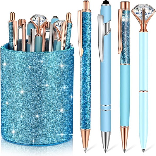 Sabary 8 Pcs Blue Pens with Pen Holder for Desk Glitter Crystal Diamond Cute Ballpoint Fancy Pencil Holder Bling Desk Organizer for Women Girls Gifts School Office Wedding Supplies