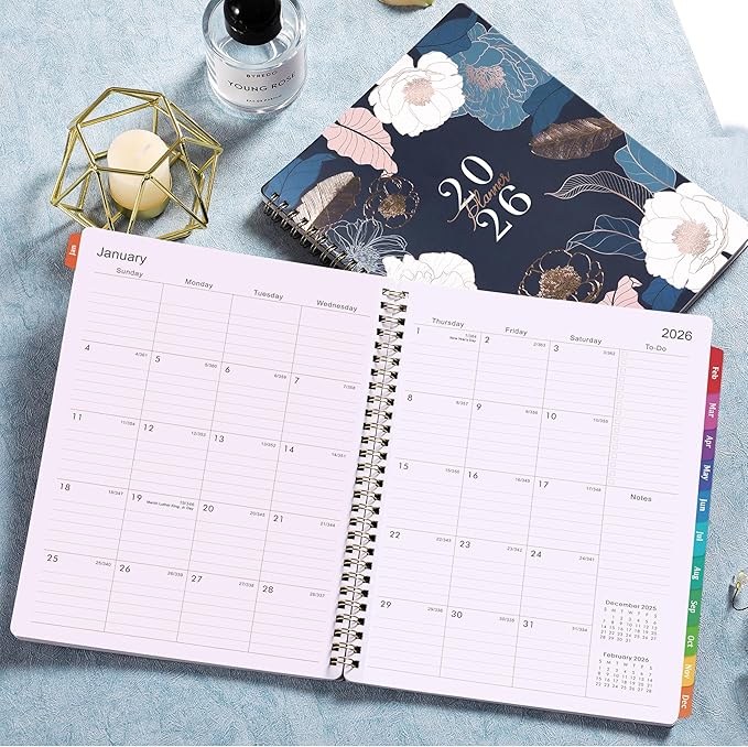 2026 Planner - Planner 2026, 9" x 11", Jan.2026 - Dec.2026, 2026 Planner Weekly and Monthly with Colorful Tabs, Strong Twin-wire, Back Pocket - Engraved Floral
